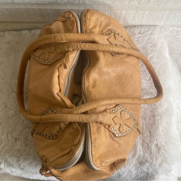 LUCKY BRAND Tan Y2K Chrome Cross Leather Hobo Bag with Embroidered Details - Picture 7 of 12